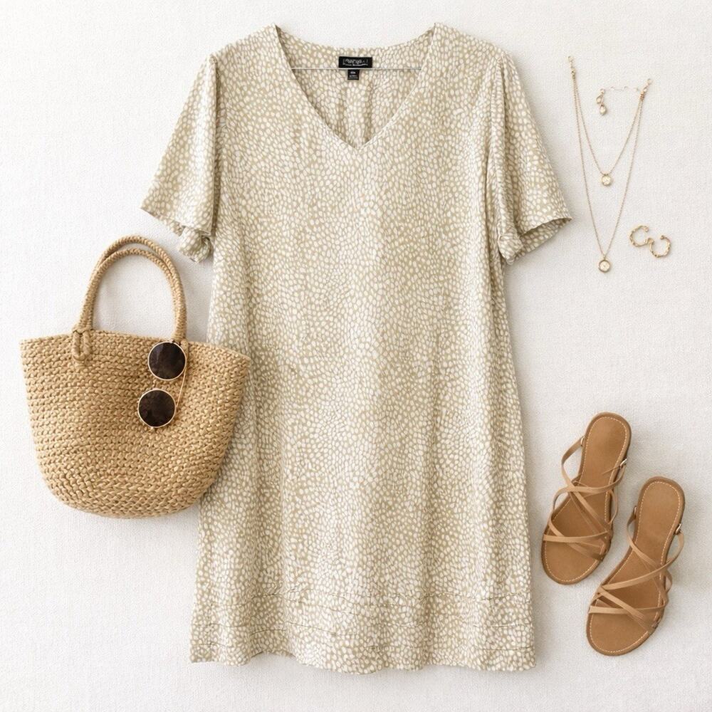Nicole Miller XXL Linen Blend Shift Dress Cream Dots Minimalist Boho Resort Prep